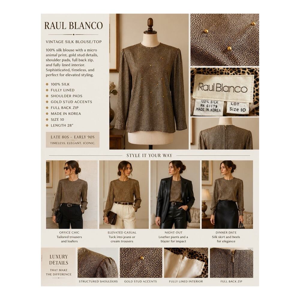 Vintage Raul Blanco Silk Blouse Sz 10 Shoulder Pads Lined Animal Print Korea 80s